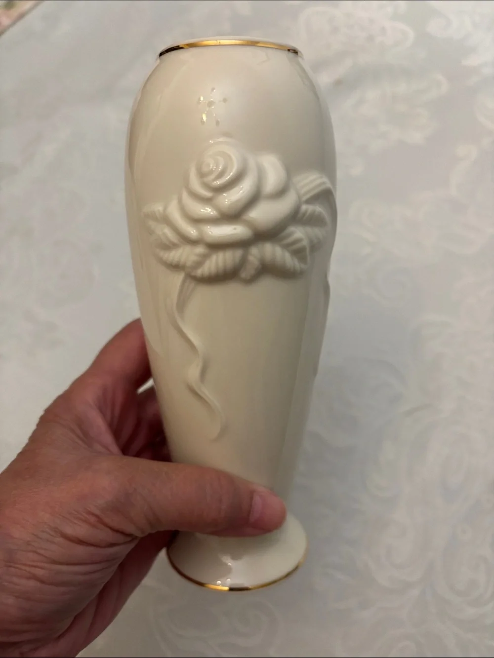 Lenox Ivory Porcelain Bud Vase with Gold Trim and Rose Relief